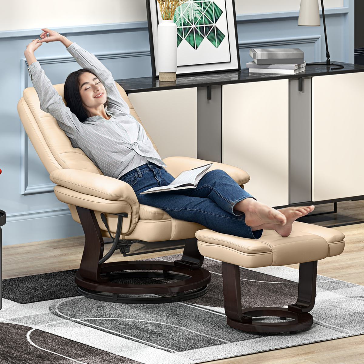 HOMCOM Swivel Manual Recliner and Footrest Set PU Leather Lounge Chair Beige