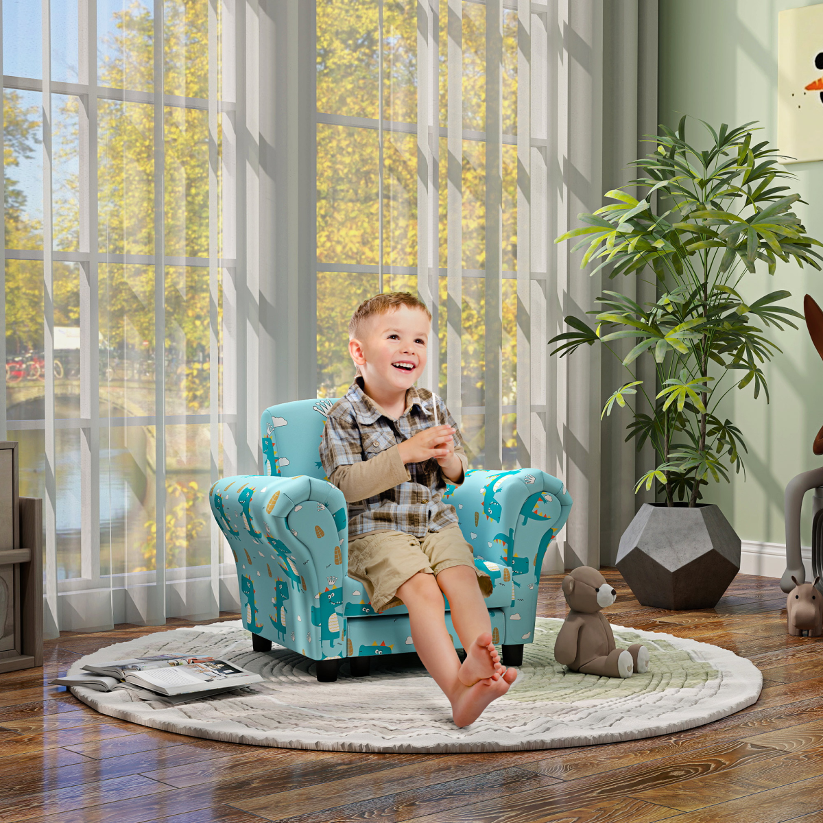 AIYAPLAY 2 Piece Kids Sofa Set with Dinosaur Design, for Nursery, Blue