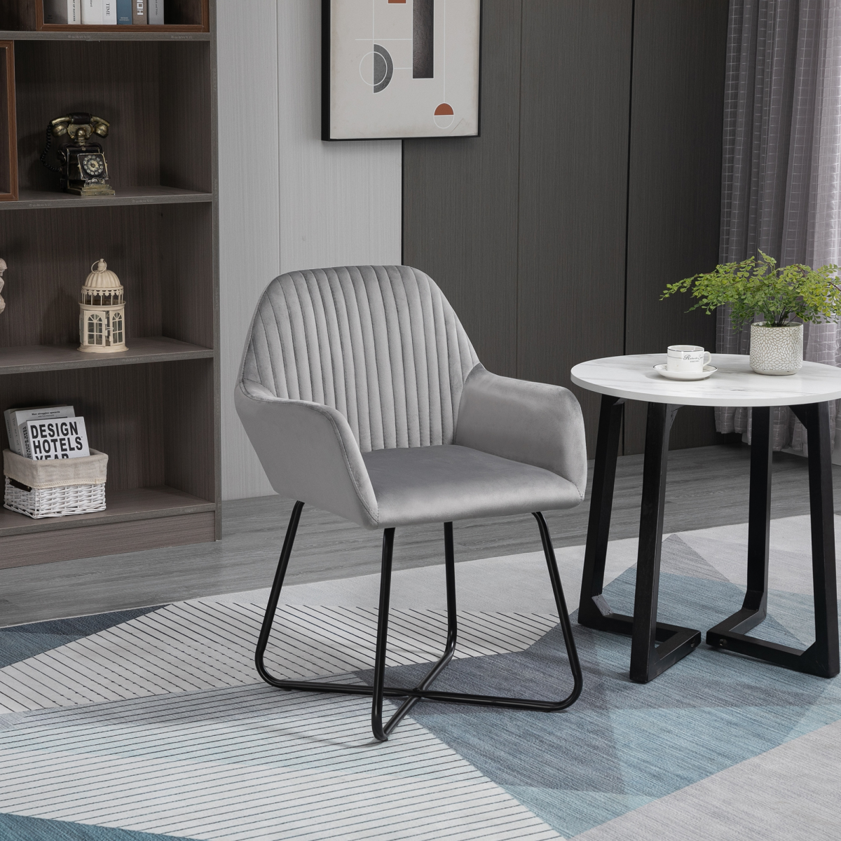 Modern Accent Chair Velvet-Feel Upholstered Lounge Armchair Metal Base Grey