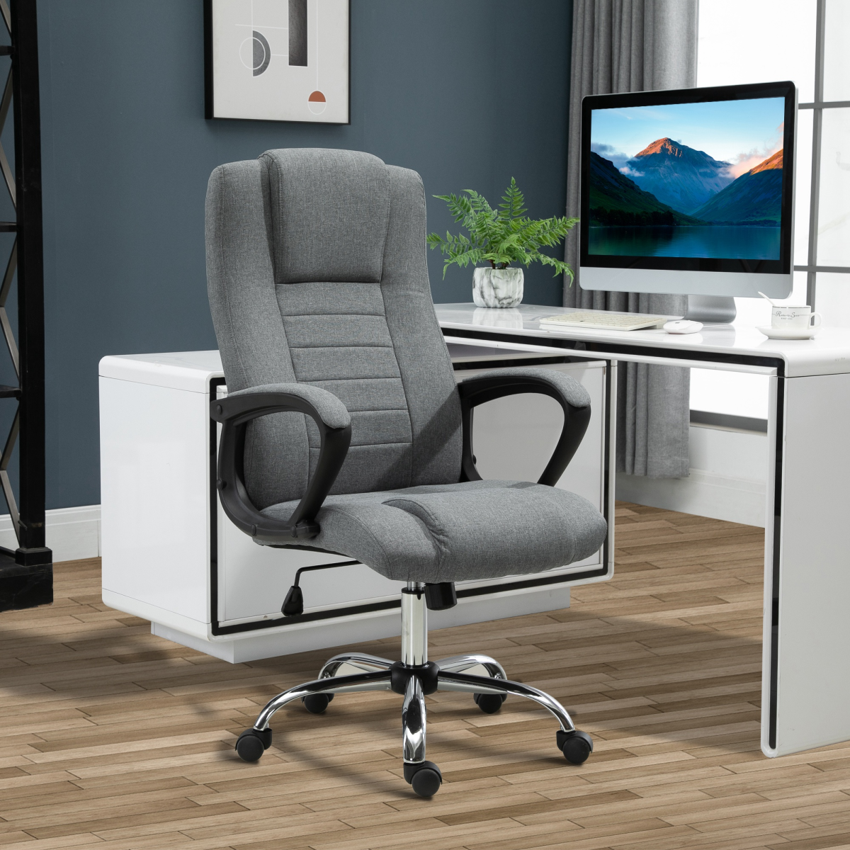 Linen Office Chair 360??Swivel High Back Wide Adjustable Seat Grey Vinsetto