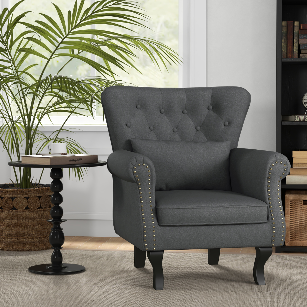 HOMCOM Vintage Armchair Wingback Accent Chair with Naihead Trim Dark Grey