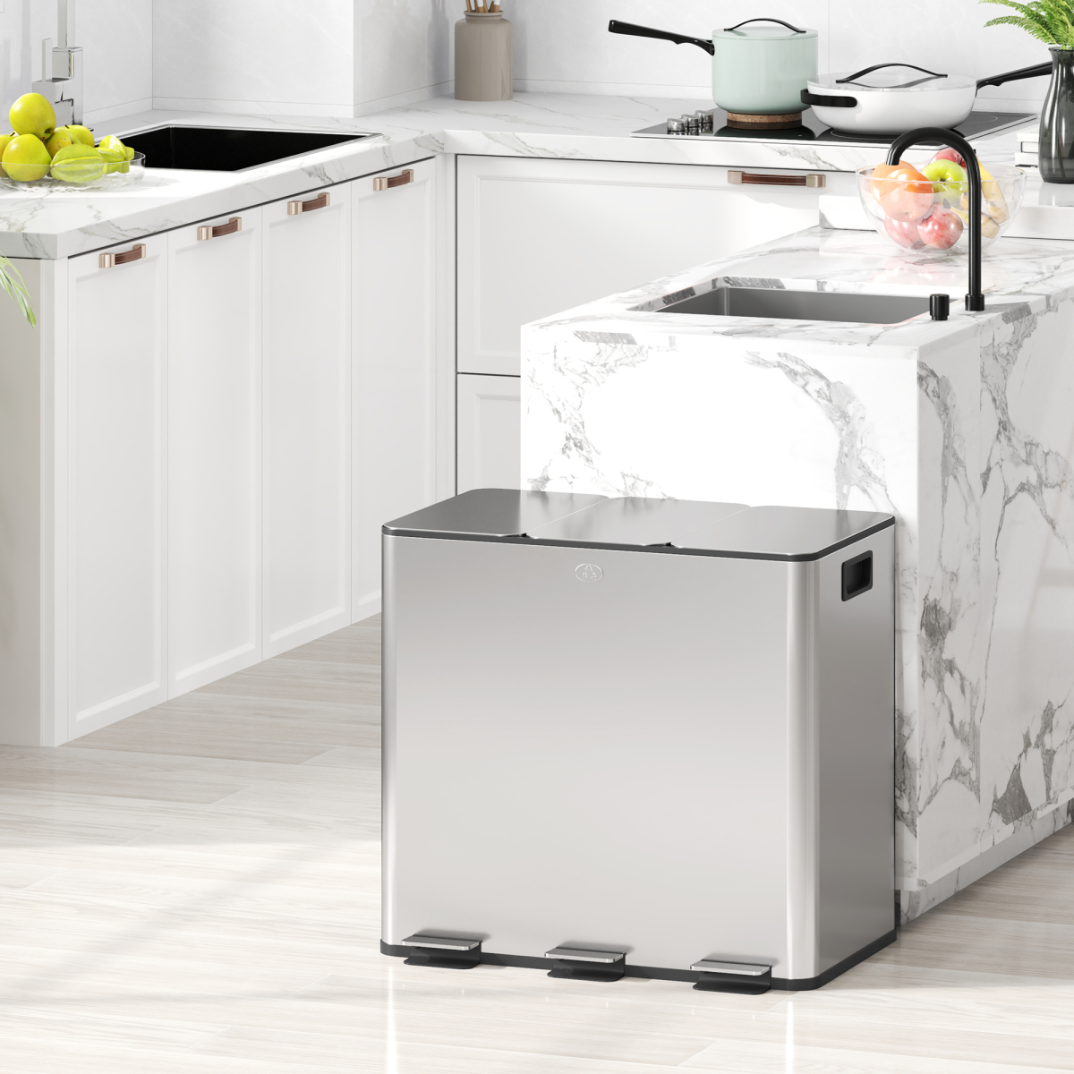 HOMCOM 3 x 15L Triple Kitchen Bin Pedal Bin for Recycling and Waste, Silver