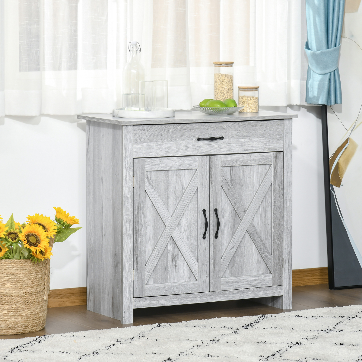 Farmhouse Barn Door Sideboard Buffet Storage Cabinet Coffee Bar Grey Grain