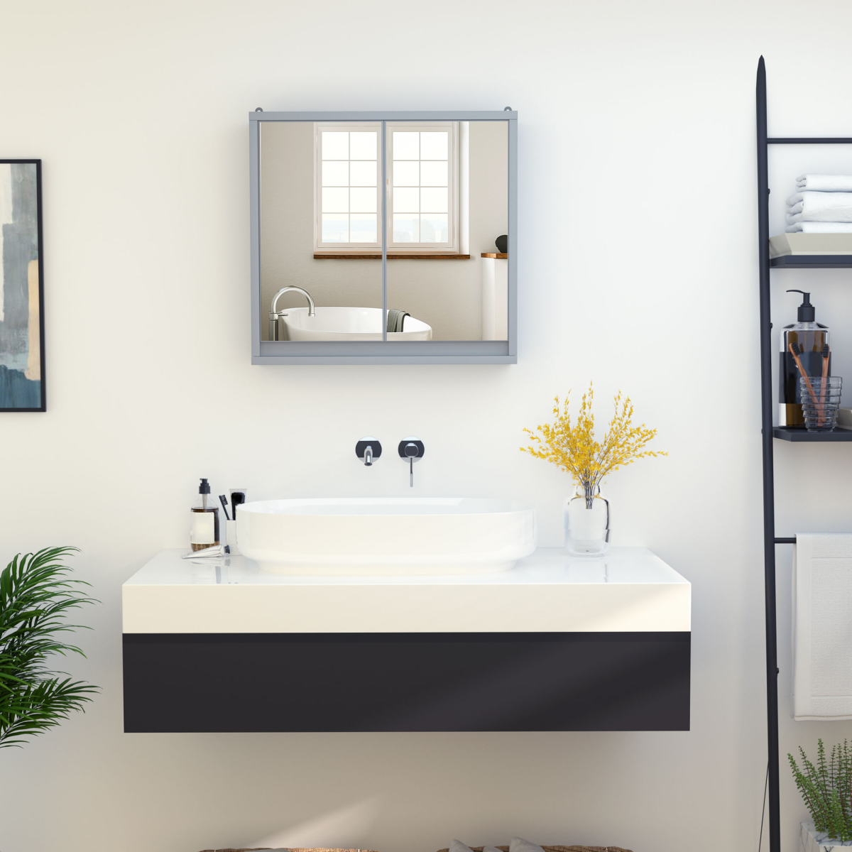 Wall Mounted Mirror Cabinet with Storage Shelf Bathroom Cupboard Grey