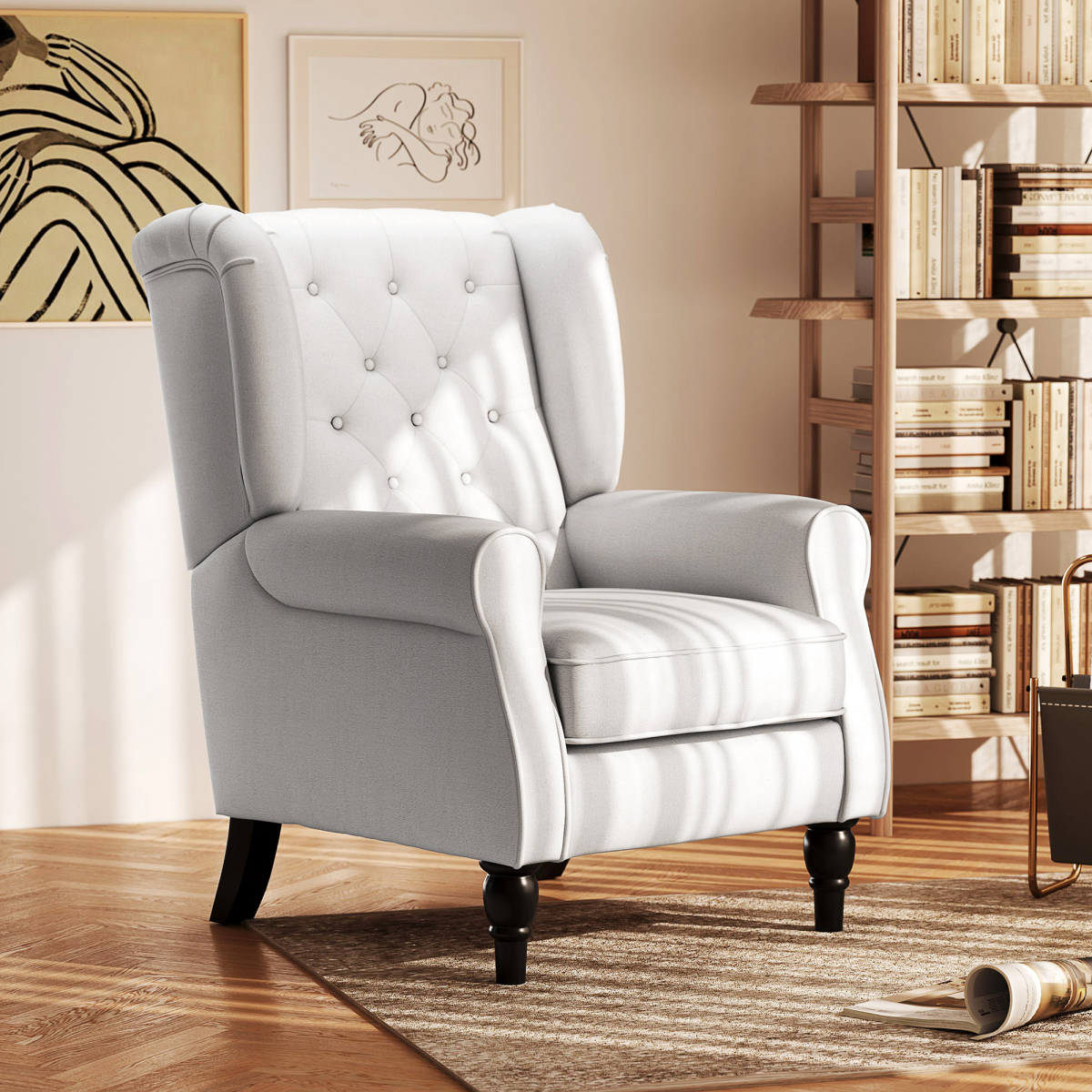 HOMCOM Accent Armchair Home Furniture Retro Tufted Club Wood Fabric Cream White