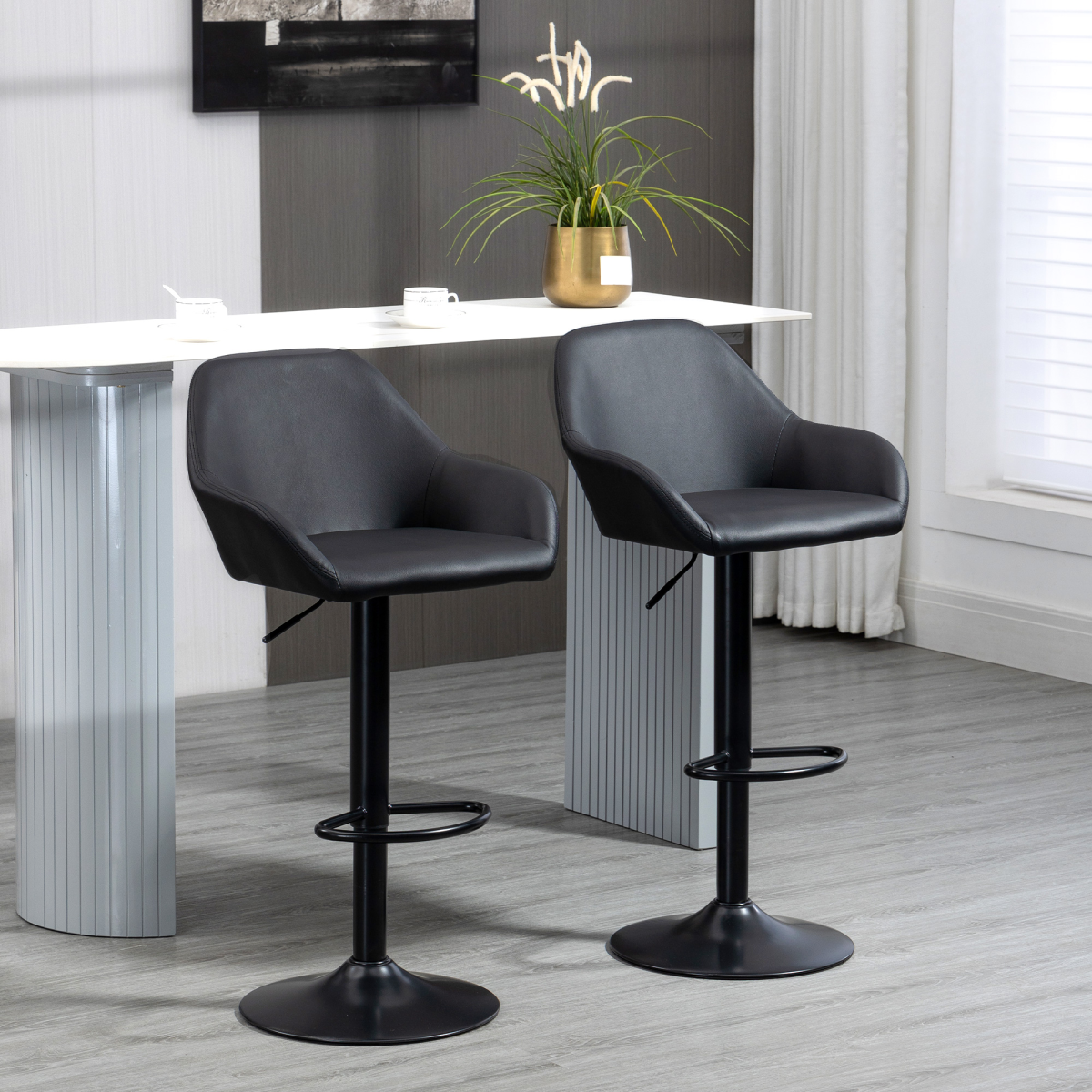 Set of 2, Swivel Barstools with Footrest and Backrest, PU Leather Black