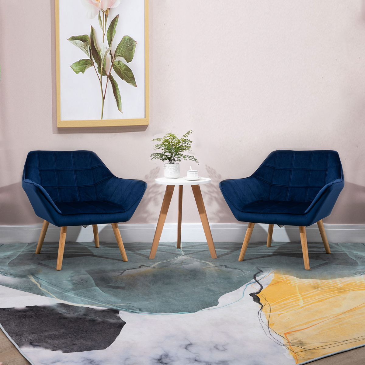 Luxe Velvet-Feel Accent Chair w/ Wide Arms Slanted Back Padding Wood Legs Blue