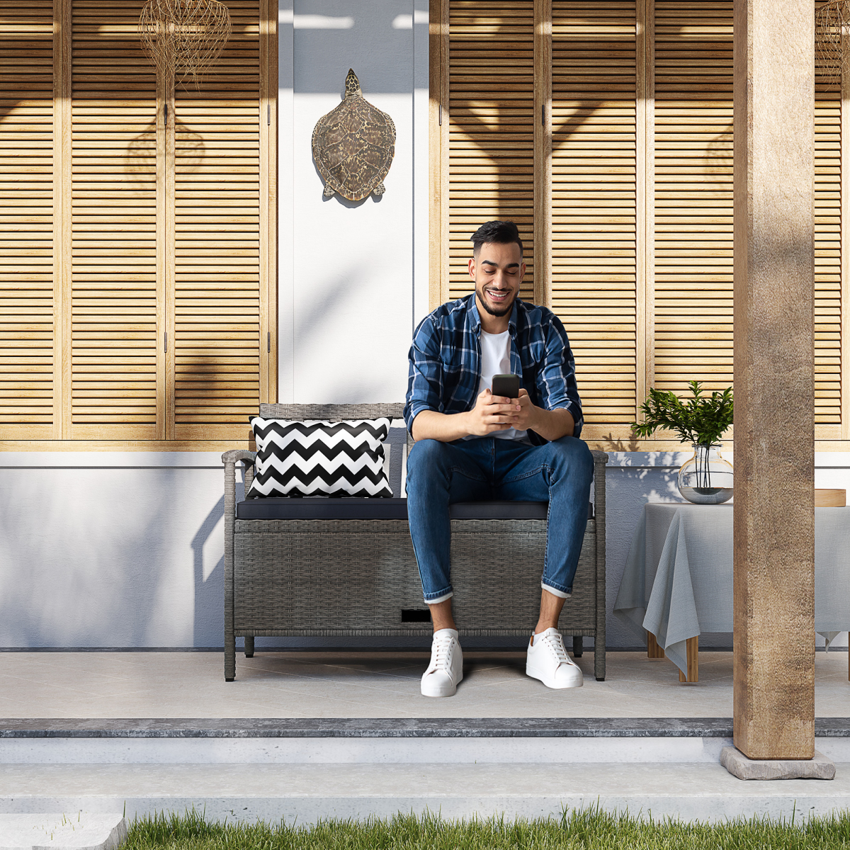 Outsunny 160L Rattan Garden Storage Bench, Cushioned Outdoor Bench, Grey