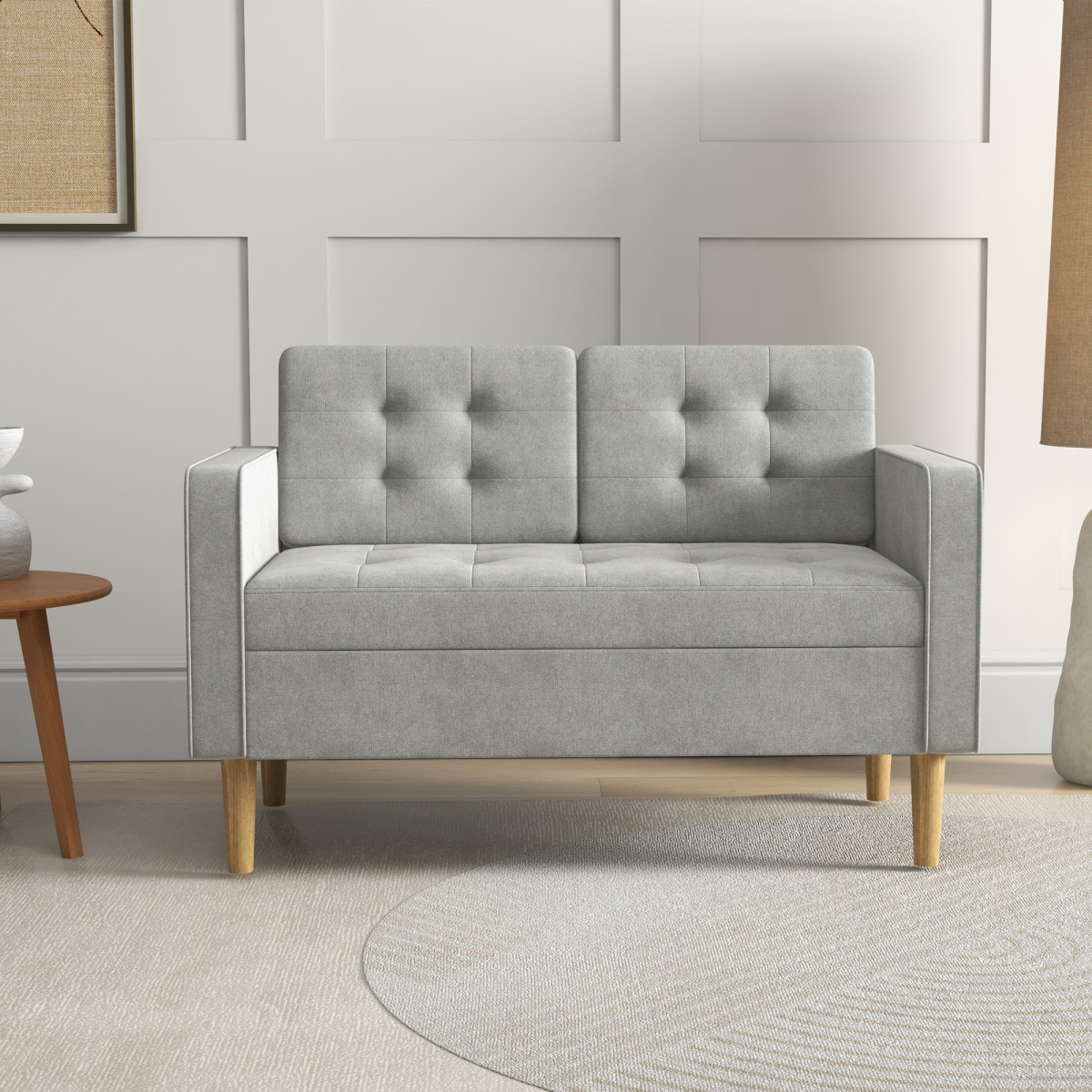 Modern 2 Seater Sofa with Storage Compact Loveseat Sofa for Living Room Grey