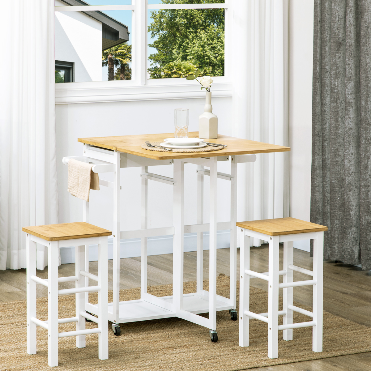 HOMCOM Bamboo Breakfast Cart with Drop Leaf Table and 2 Stools