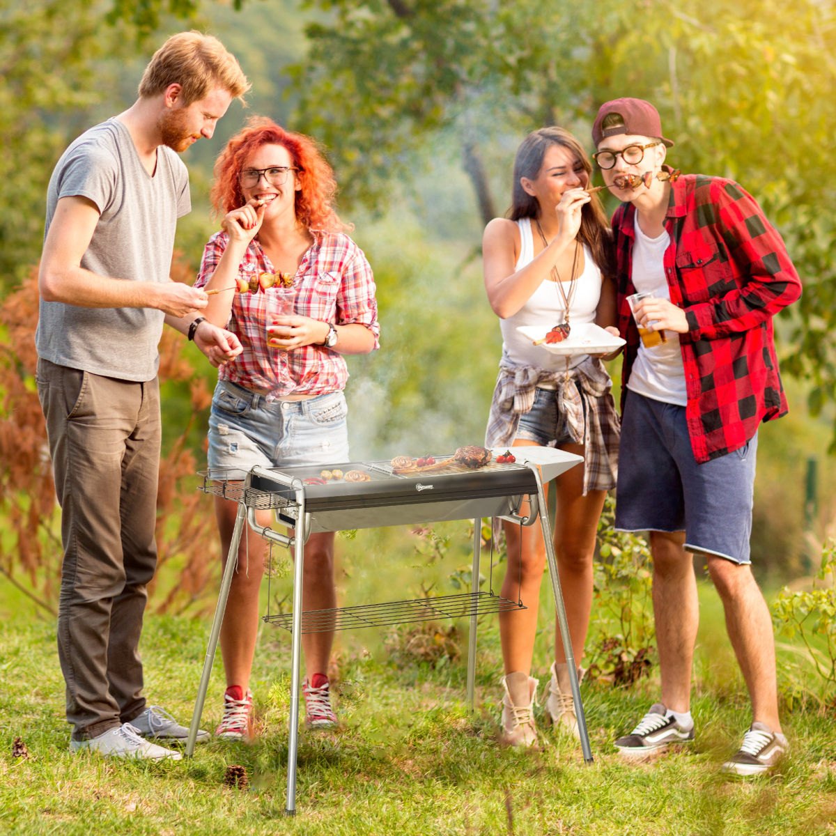 Outsunny Charcoal BBQ Grill with Griddle Plate, Black
