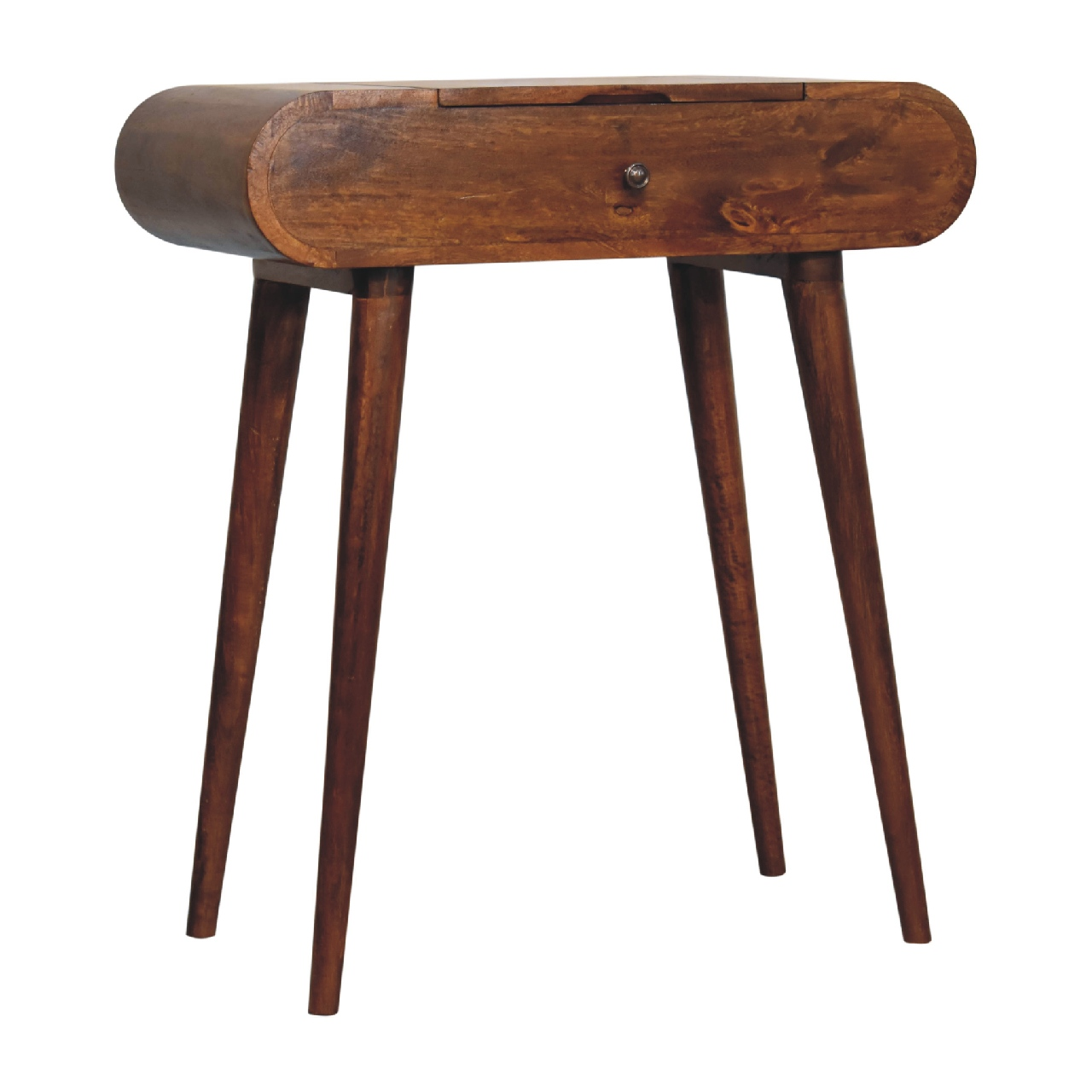 Artisan Furniture Solid Wood Mini Round Chestnut Fold Vanity, 4 Storage Compartments with Mirror, Dark Brown