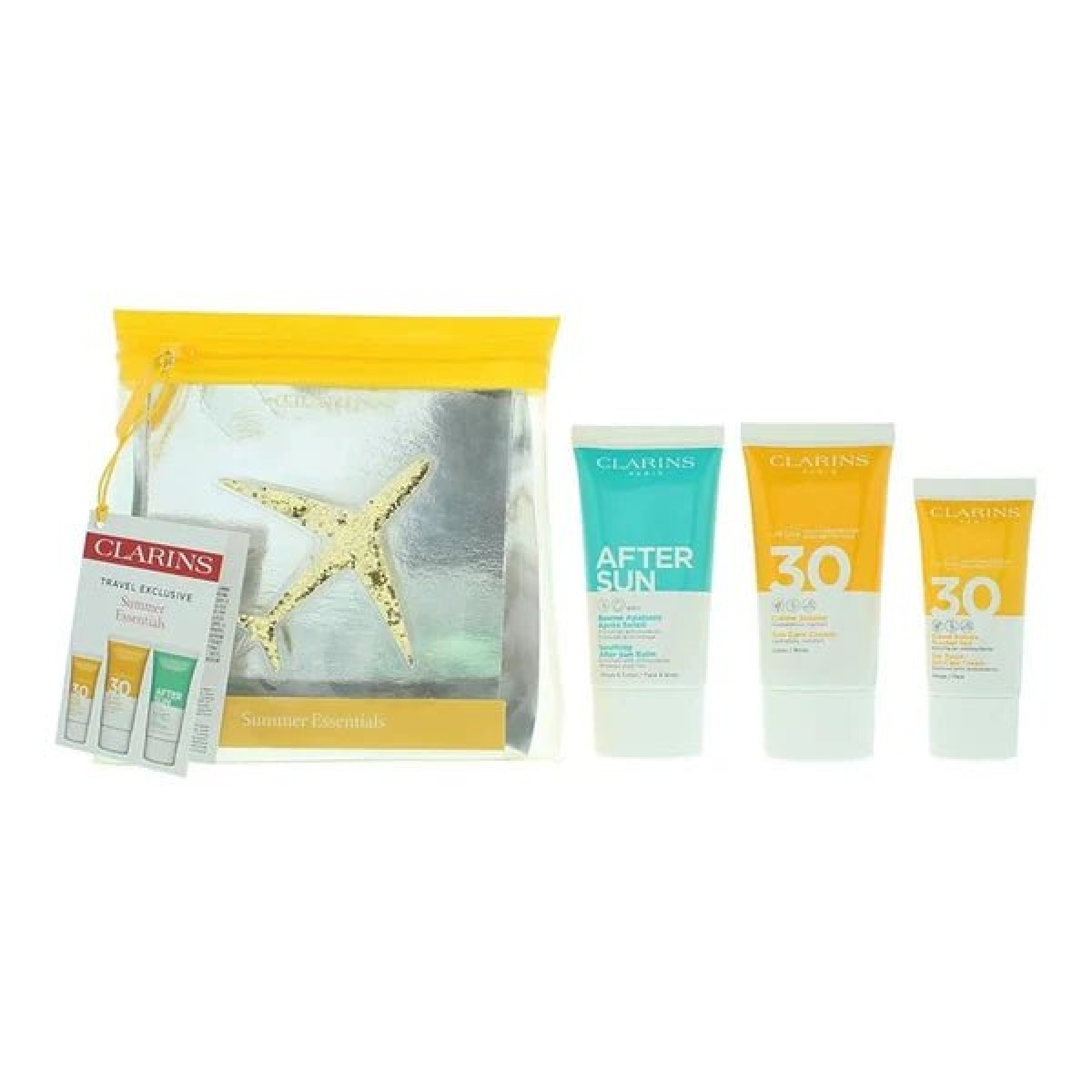 Clarins Essential Suncare Travel Set: SPF50 Face, SPF30 Body & After Sun Balm