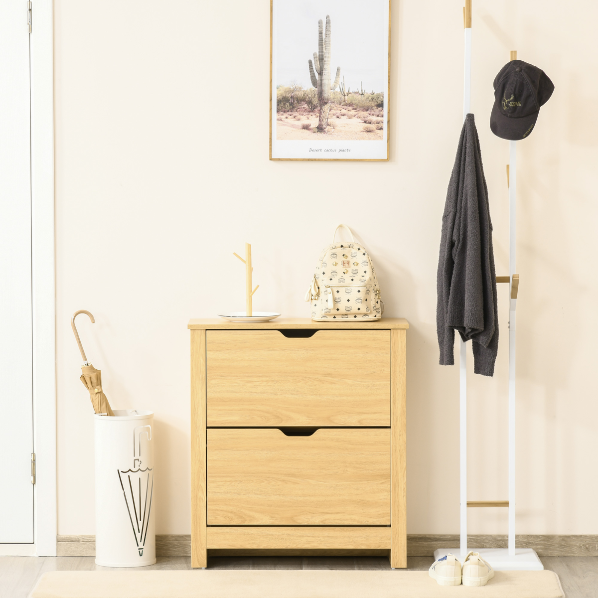 12-Shoe Storage Cabinet 4 Shelves 2 Drawers Tabletop 4 Legs Brown