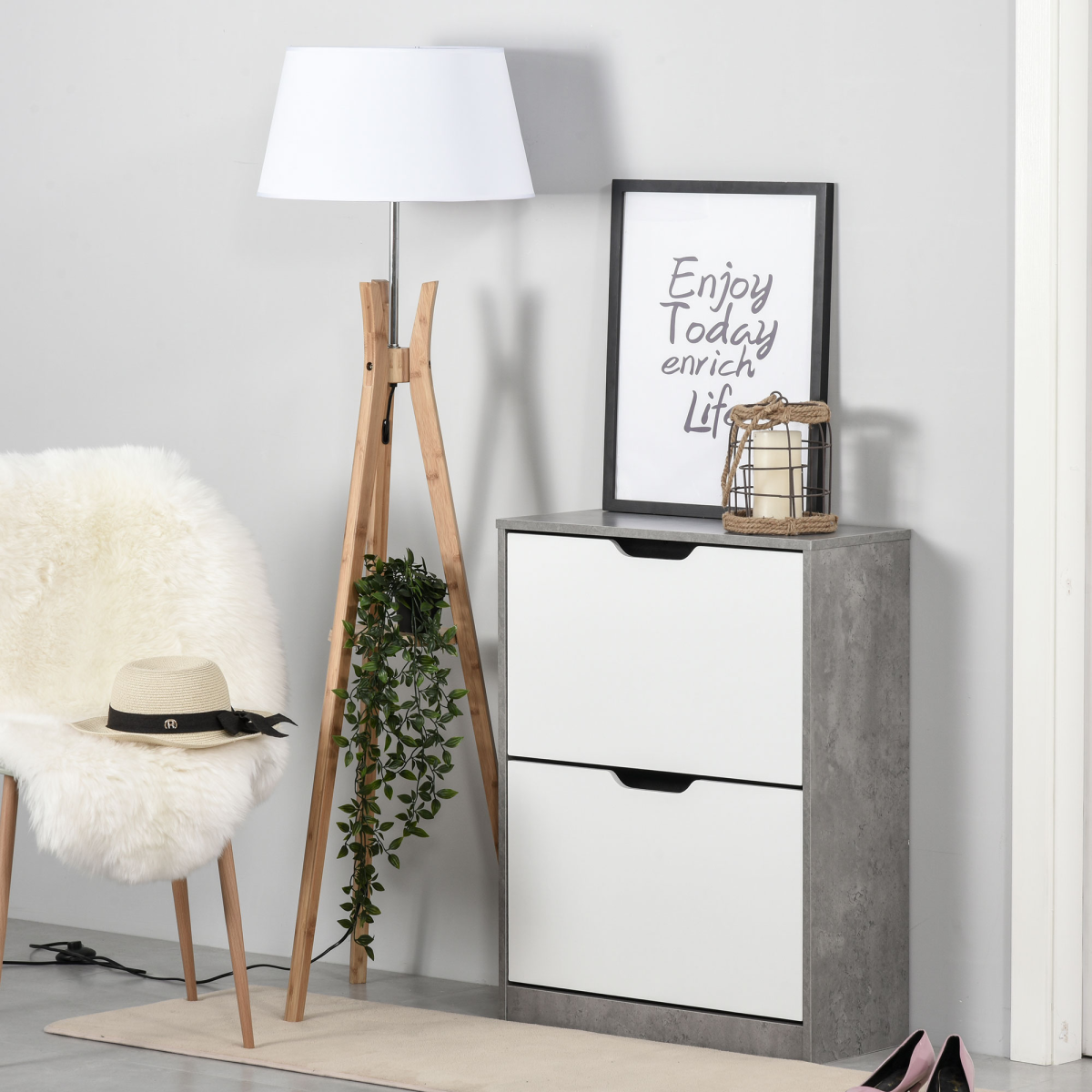 Two Drawer Shoe Cabinet Home Storage Organiser  Groove Handles Hallway HOMCOM