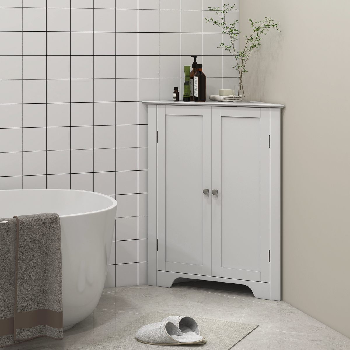 kleankin Corner Bathroom Cabinet, Recessed Doors and Adjustable Shelf, White