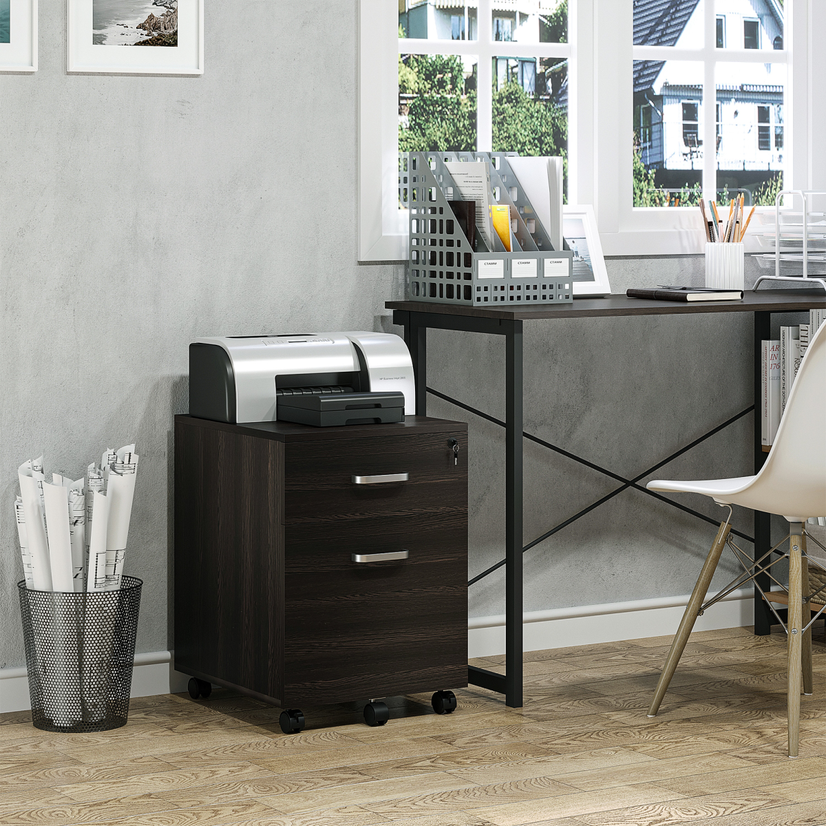 2-Drawer Locking Office Filing Cabinet 5 Wheels Rolling Storage Brown Vinsetto