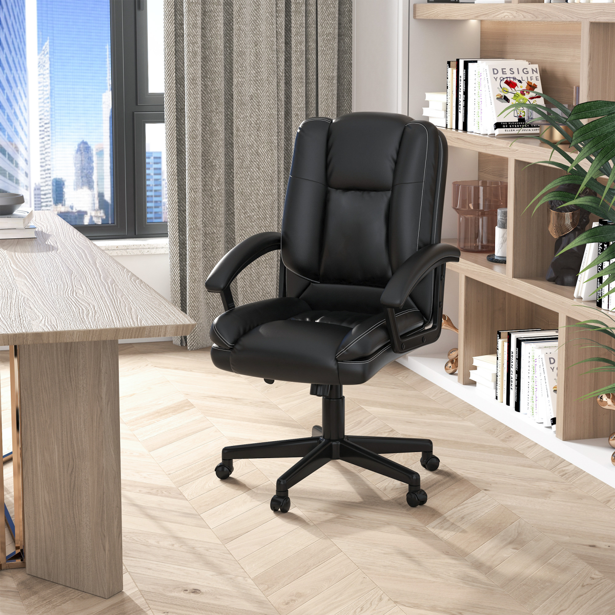 Swivel Executive Office Chair Mid Back PU Leather Chair w/ Arm, Black HOMCOM