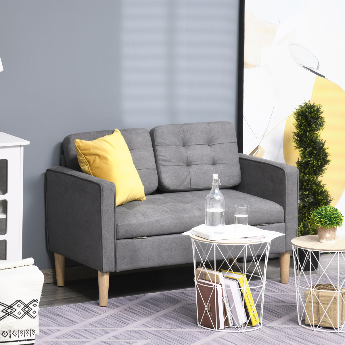HOMCOM Compact Loveseat Sofa 2 Seater Sofa with Storage and Wood Legs Grey