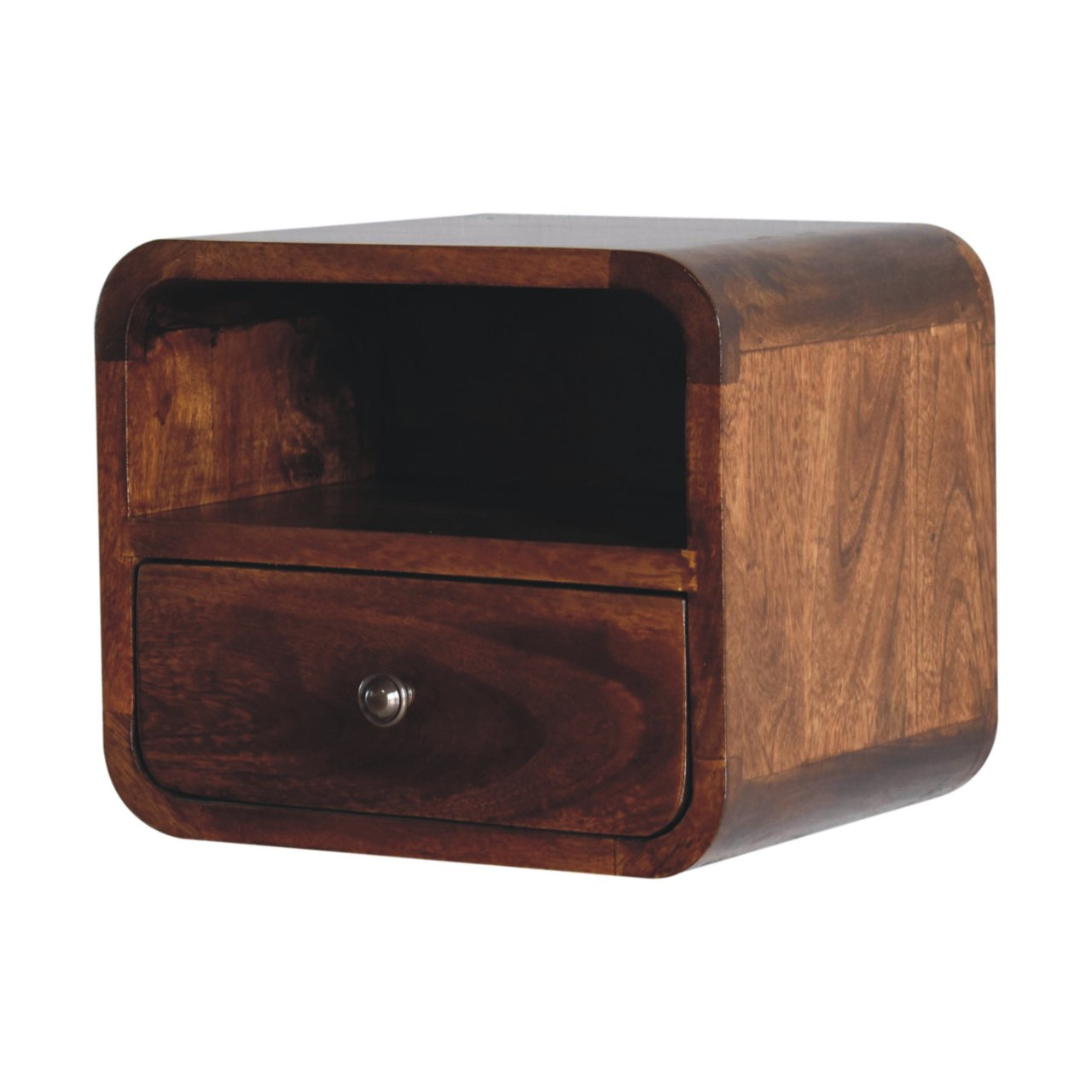 Artisan Furniture Solid Wood Extra Mini Wall Mounted Curved Chestnut Bedside with Open Slot, 1 Drawer, Dark Brown Color