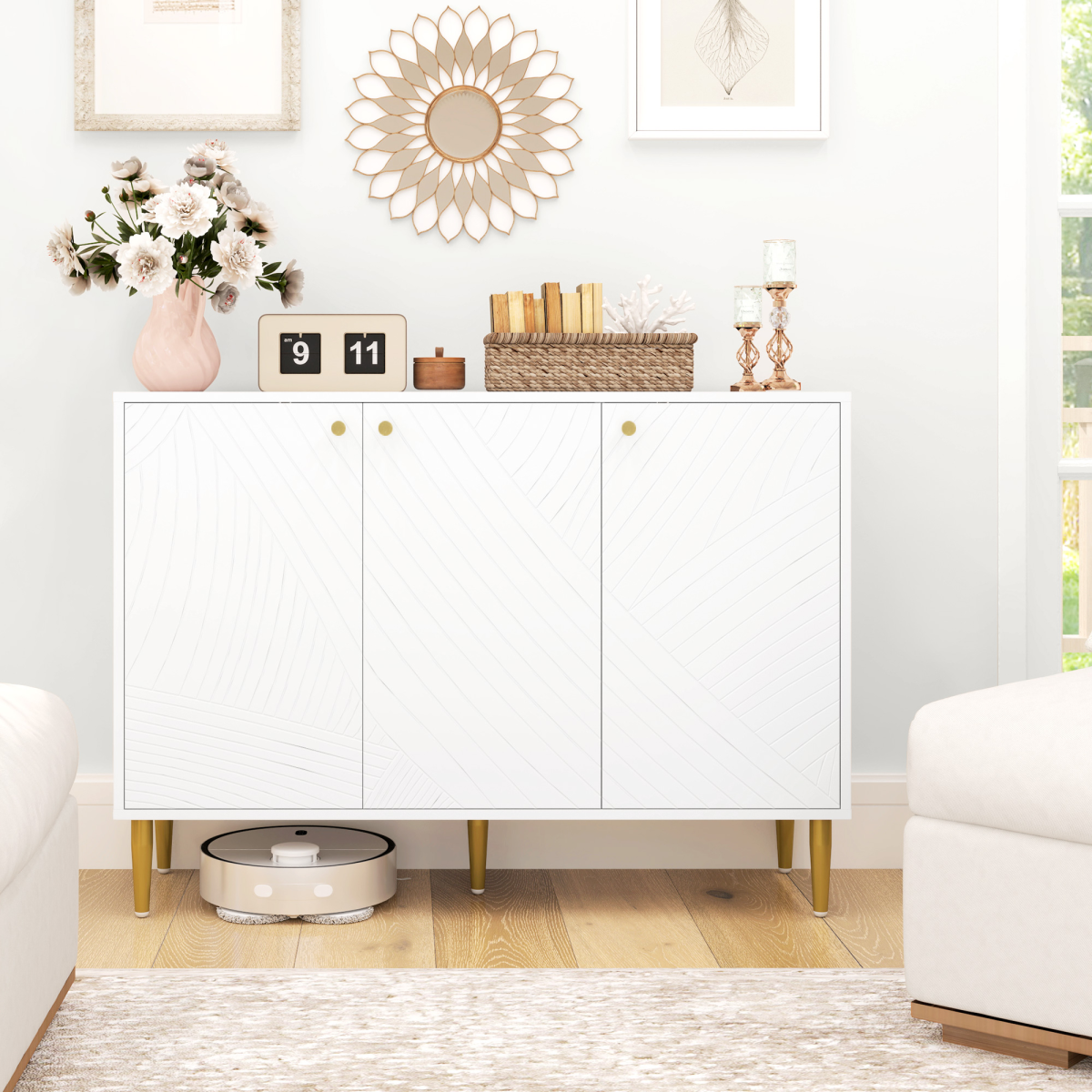 Elegant White Sideboard with Adjustable Shelves & Multi-Use Storage Cabinet