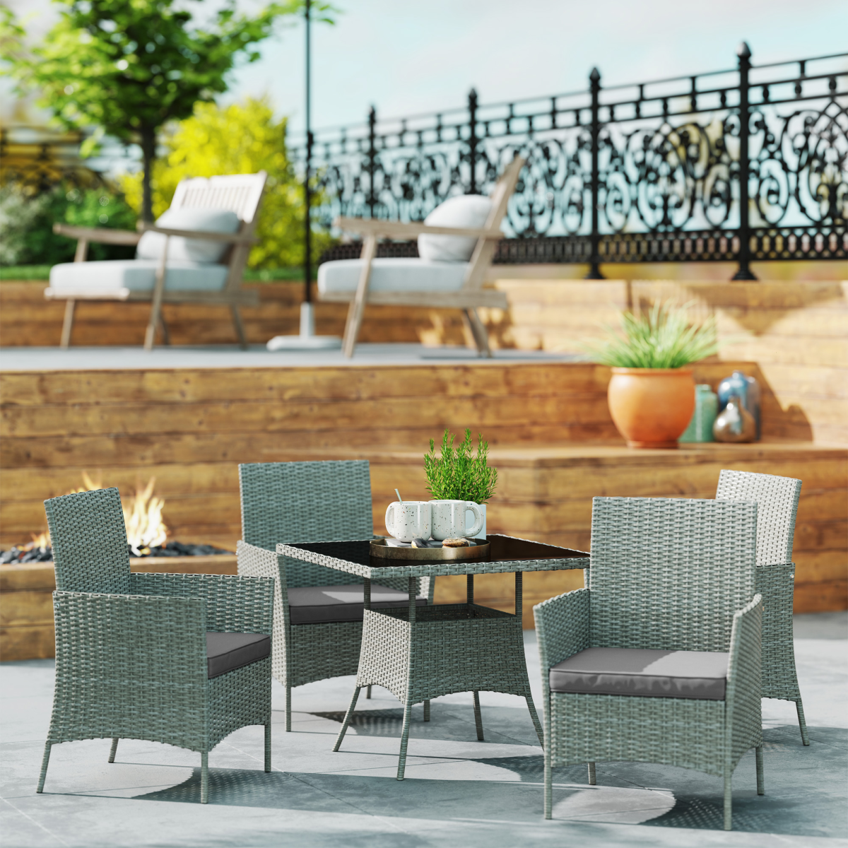 Outsunny Rattan Outdoor Dining Table and Chairs for 4, Light Grey