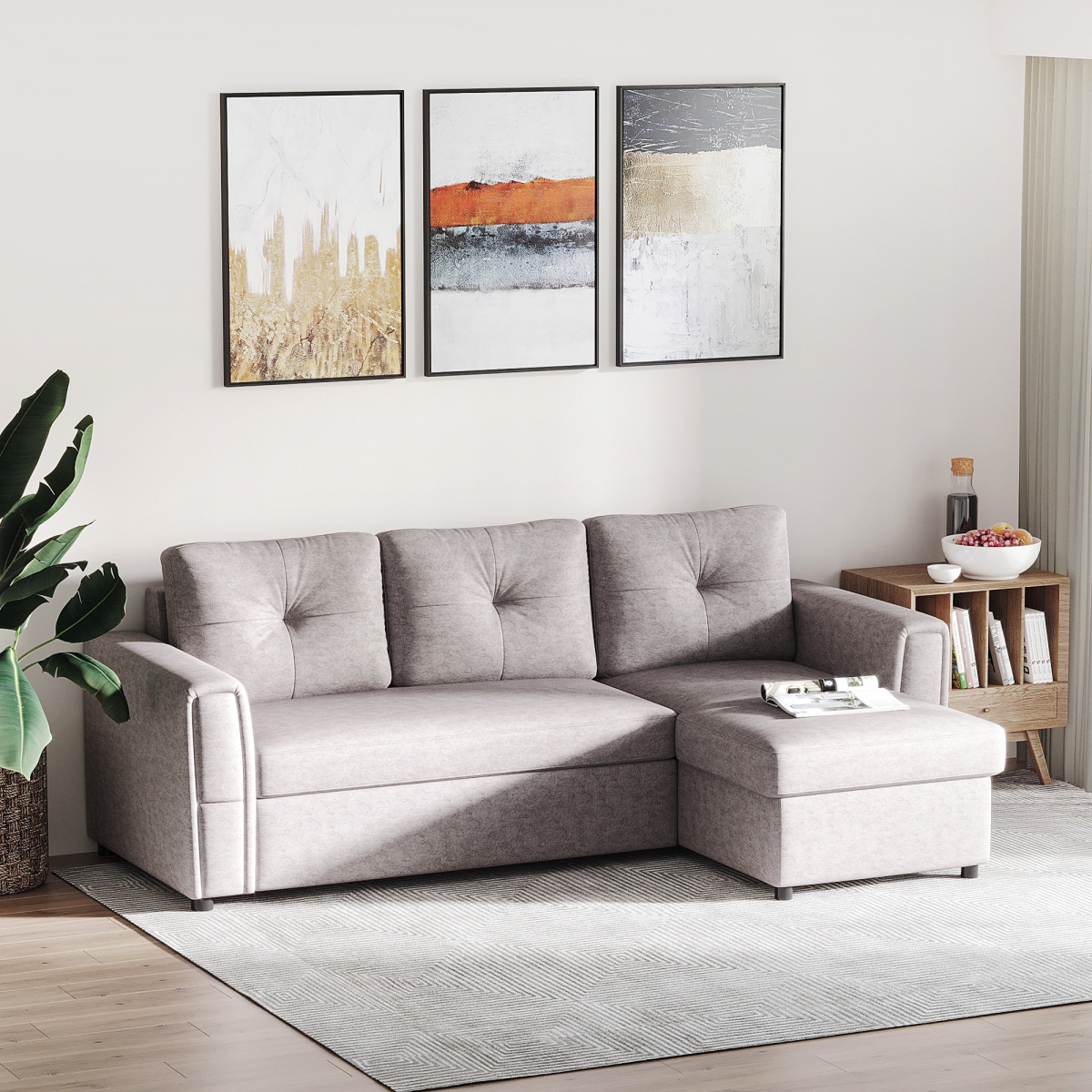 HOMCOM Linen-Look L-Shaped Sofa Bed w/ Storage Bed Sleeper Flat Studio Grey
