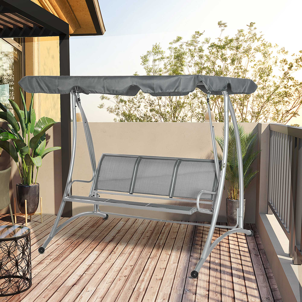3 Person Steel Swing Chair & Adjustable Canopy  - Dark Grey