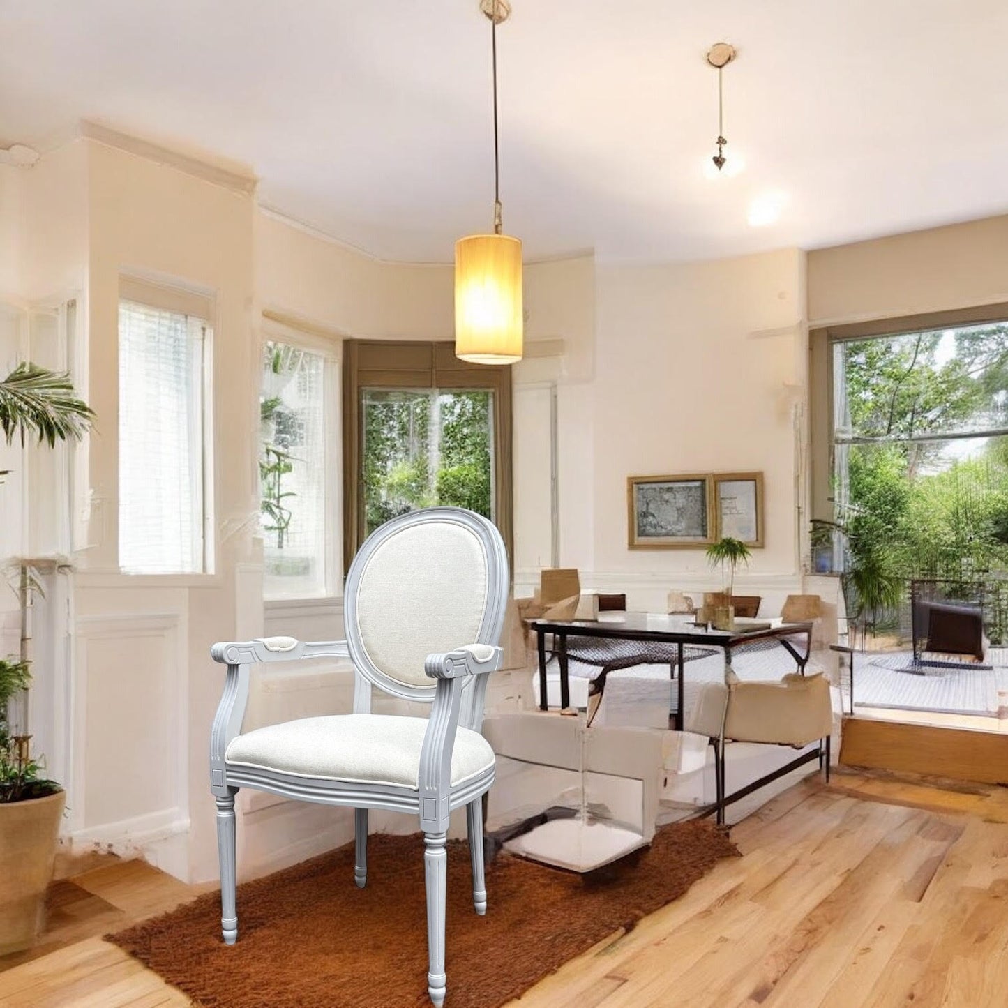 Elegant and Comfortable 94CM Louis Style Cream Linen Armchair - Oak/Grey Frame French Style Dining Chair with High Back Design for Modern Home Décor or Dining Spaces (Grey Frame Cream Linen)