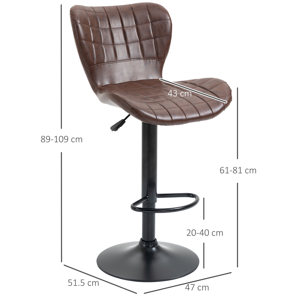Set of 2 Adjustable Height Swivel Bar Chairs in PU Leather with Backrest Brown