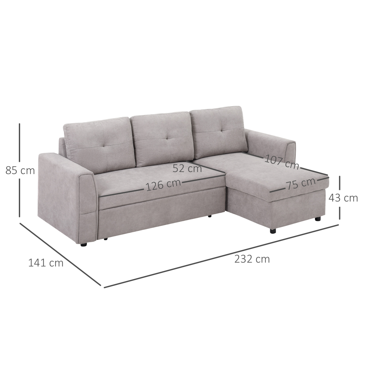 HOMCOM Linen-Look L-Shaped Sofa Bed w/ Storage Bed Sleeper Flat Studio Grey