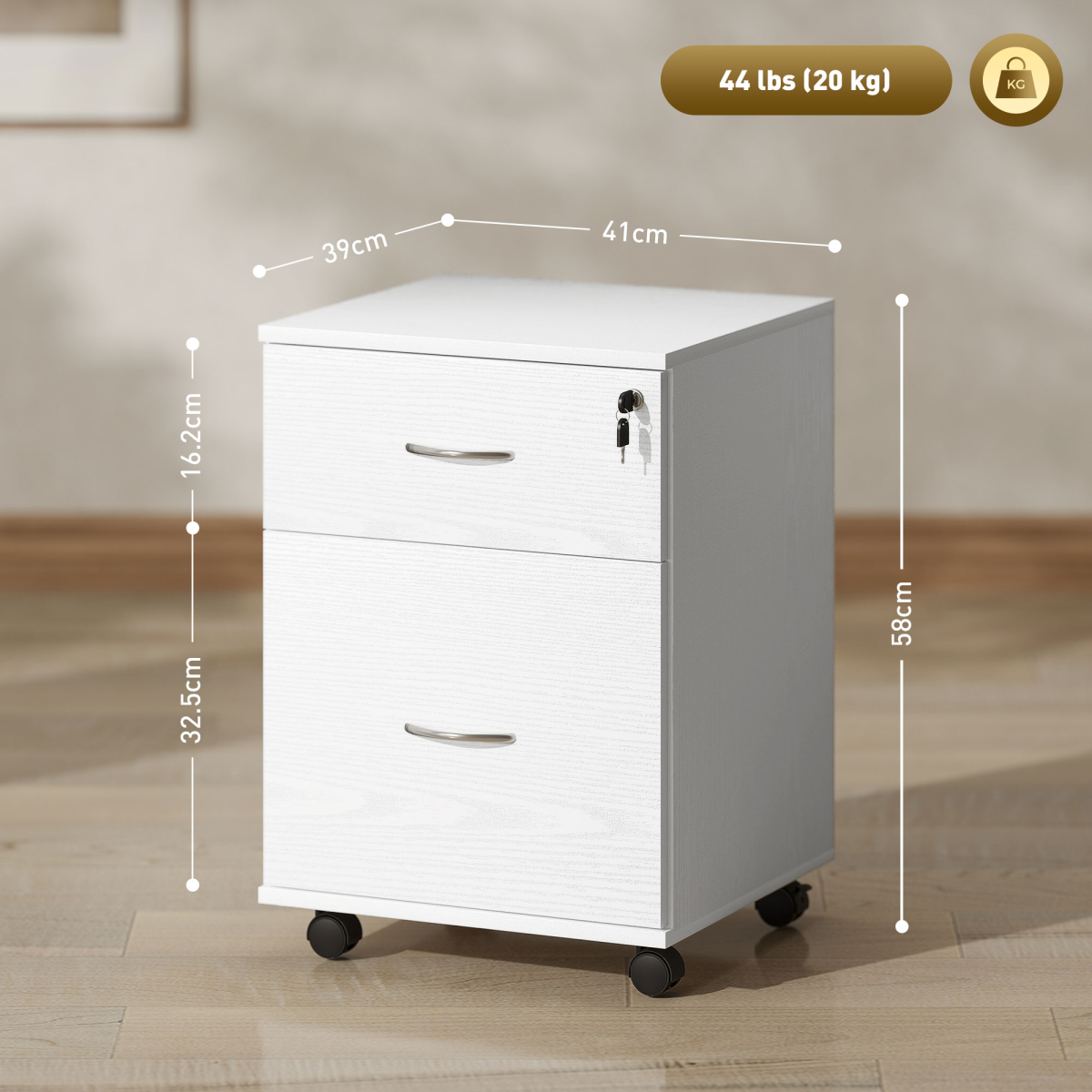 HOMCOM Pedestal Office Mobile Filing Cabinet 2 Drawer White
