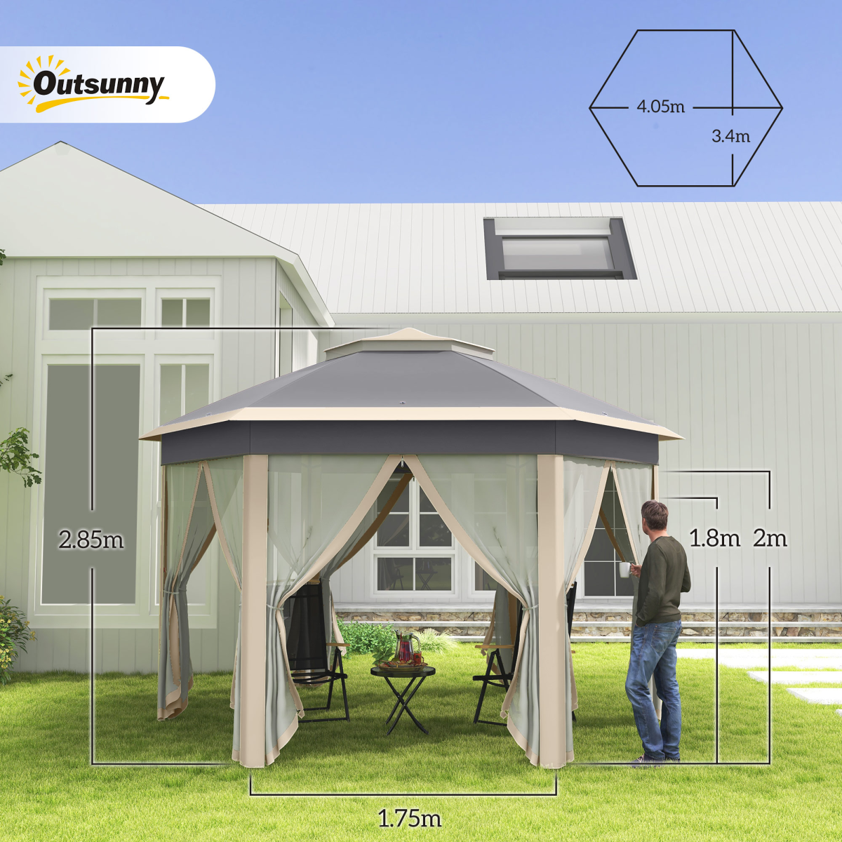 Outsunny 3x4m Hexagon Gazebo w/ Metal Frame Mesh Curtains Outdoor Garden, Khaki