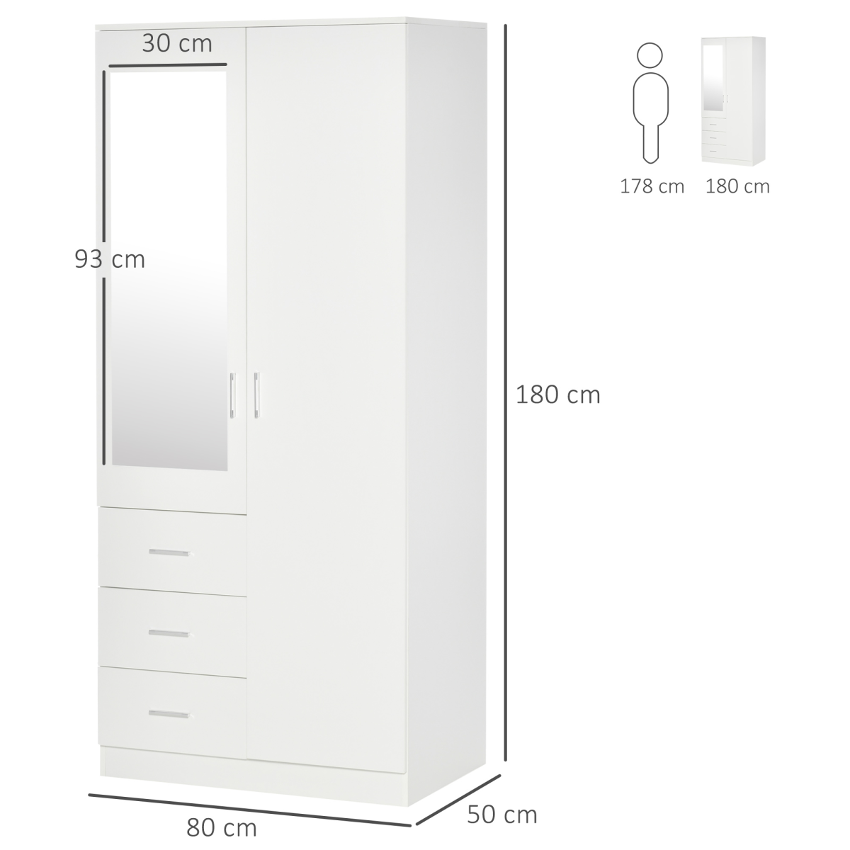 2-Door Wardrobe w/ Adjustable Shelf 3 Drawers for Bedroom, 180cm, White