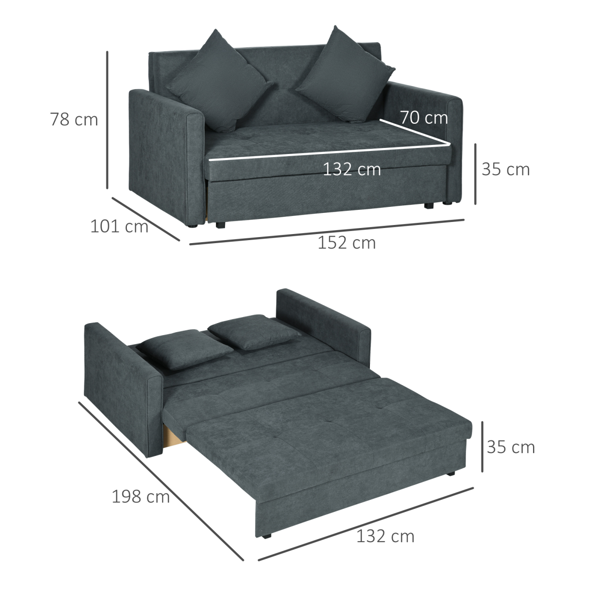 HOMCOM 2 Seater Sofa Bed Convertible Bed Settee with 2 Cushions Storage