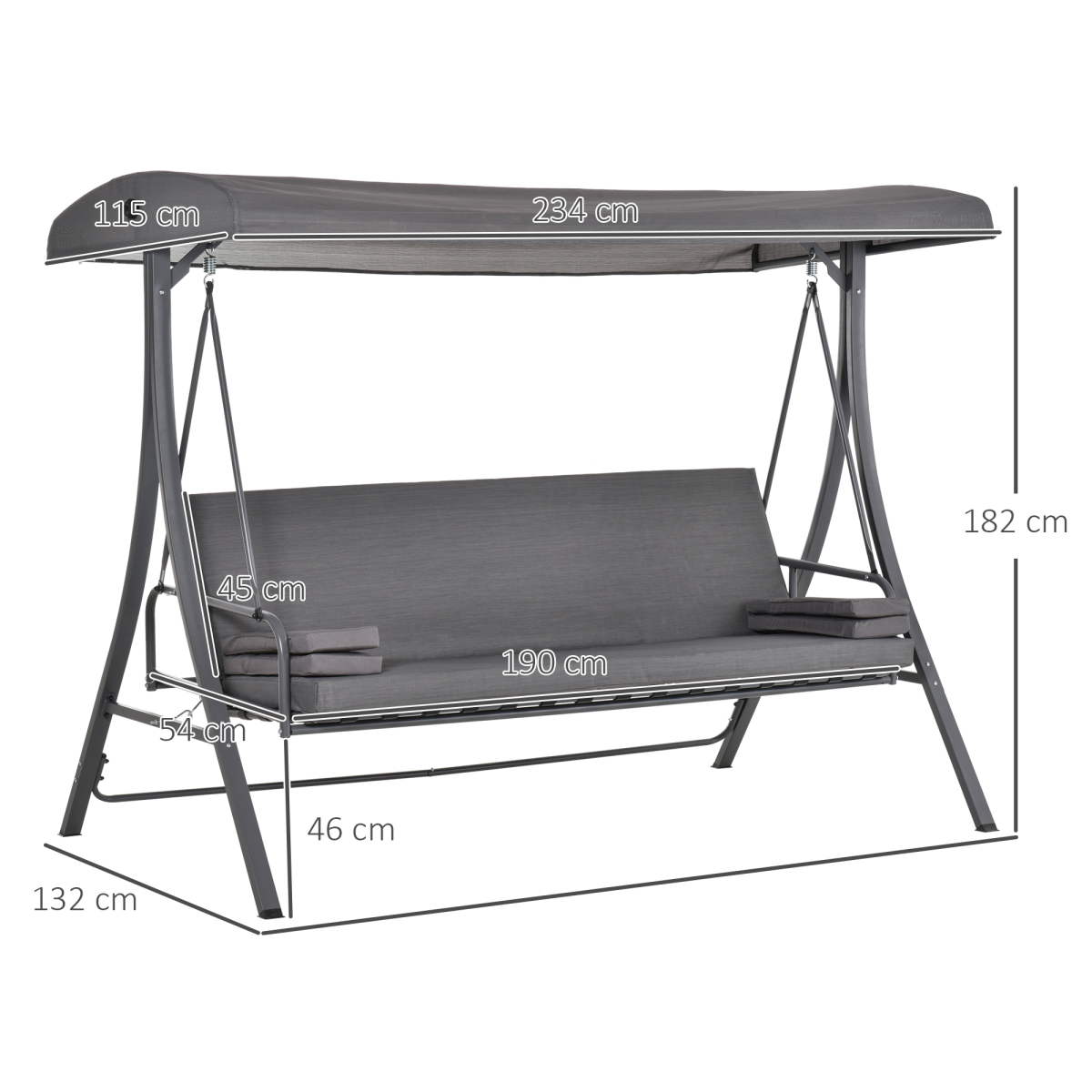 2-in-1 Swing Chair  3 Seater Bench Hammock Bed Adjustable Canopy Pillow, Grey