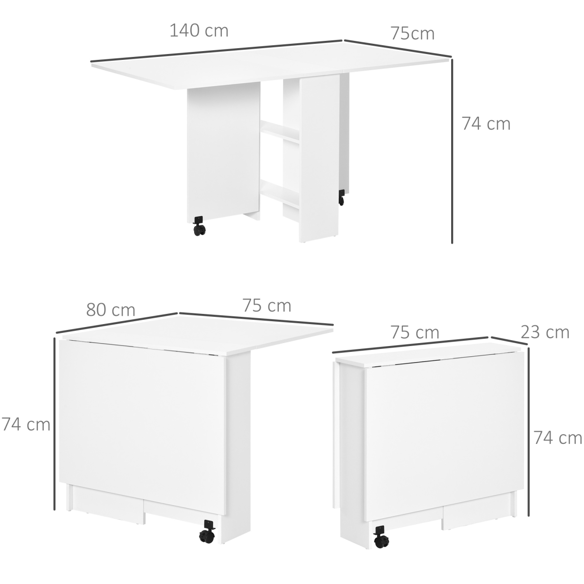Kitchen Folding Desk Mobile Drop Leaf Dining Table Wheel Storage Shelves White