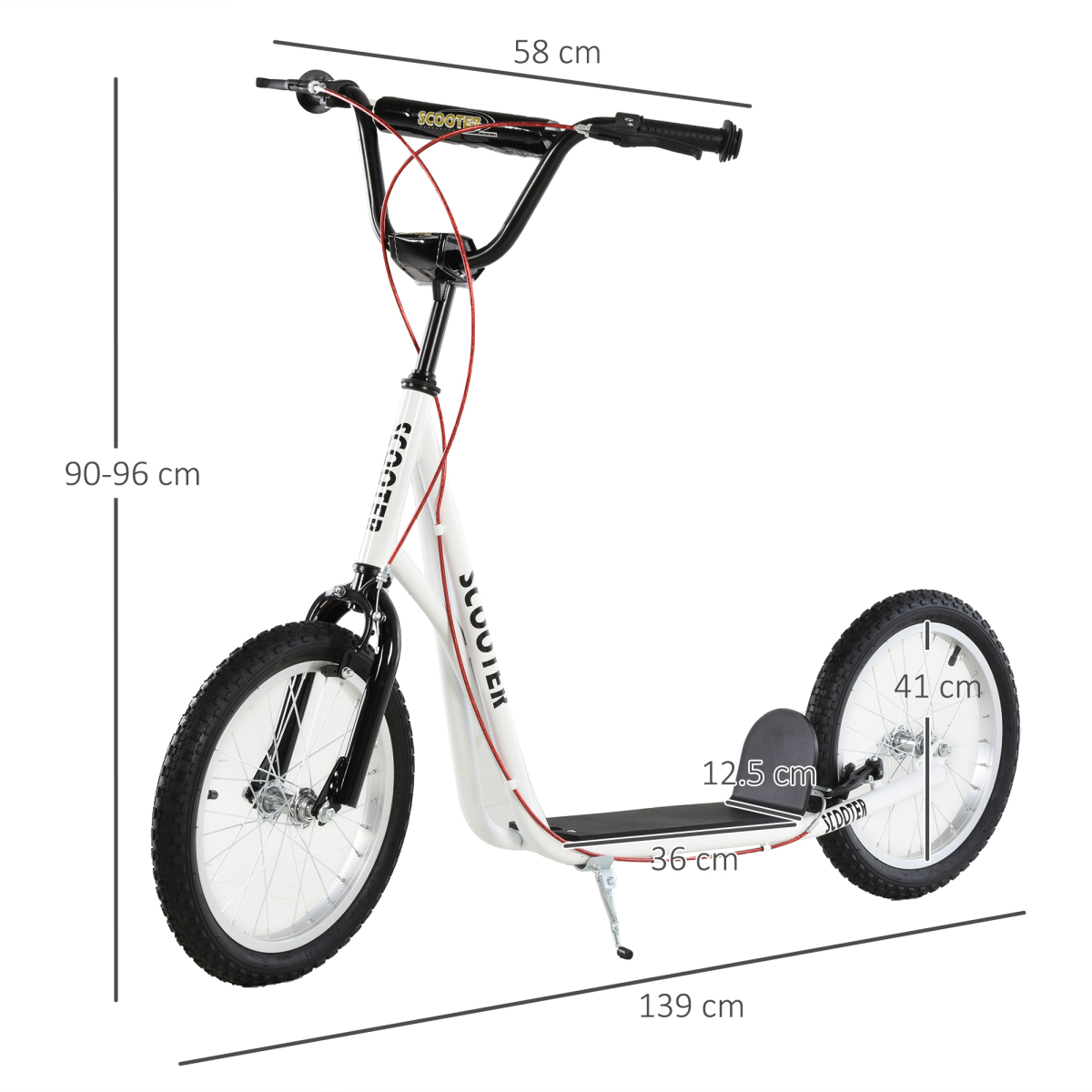 HOMCOM 90-96cm Kids Kick Scooter Adjustable Handlebar Inflatable Wheels White