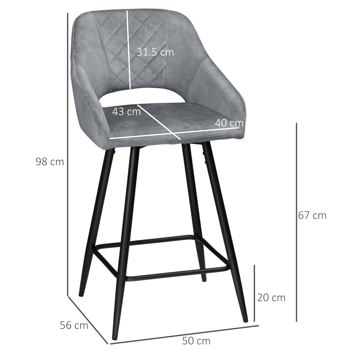 HOMCOM Bar Stools Set of 2, Velvet-Touch Fabric Counter Height Bar Chairs Grey