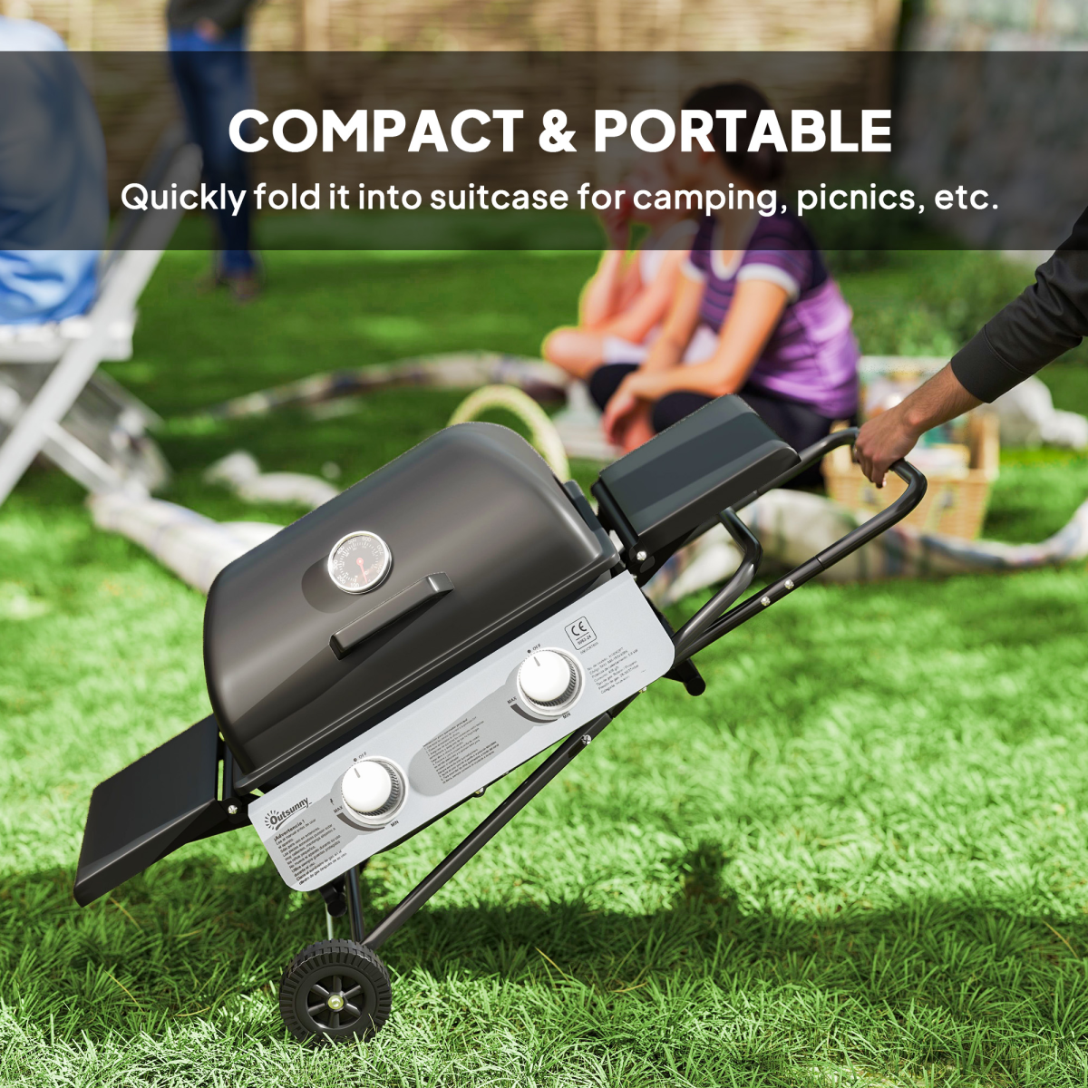 Outsunny Portable Foldable Gas Barbecue Grill with Thermometer, Lid, Black