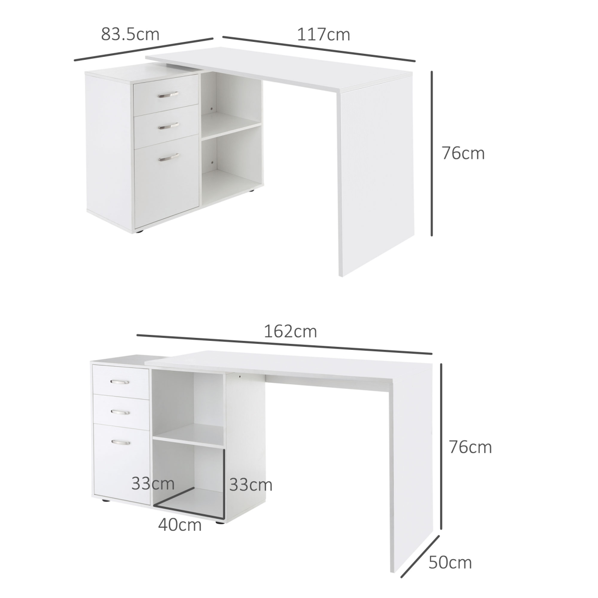 Home Office L Shape Computer Desk Workstation Drawer Shelf File Cabinet-White