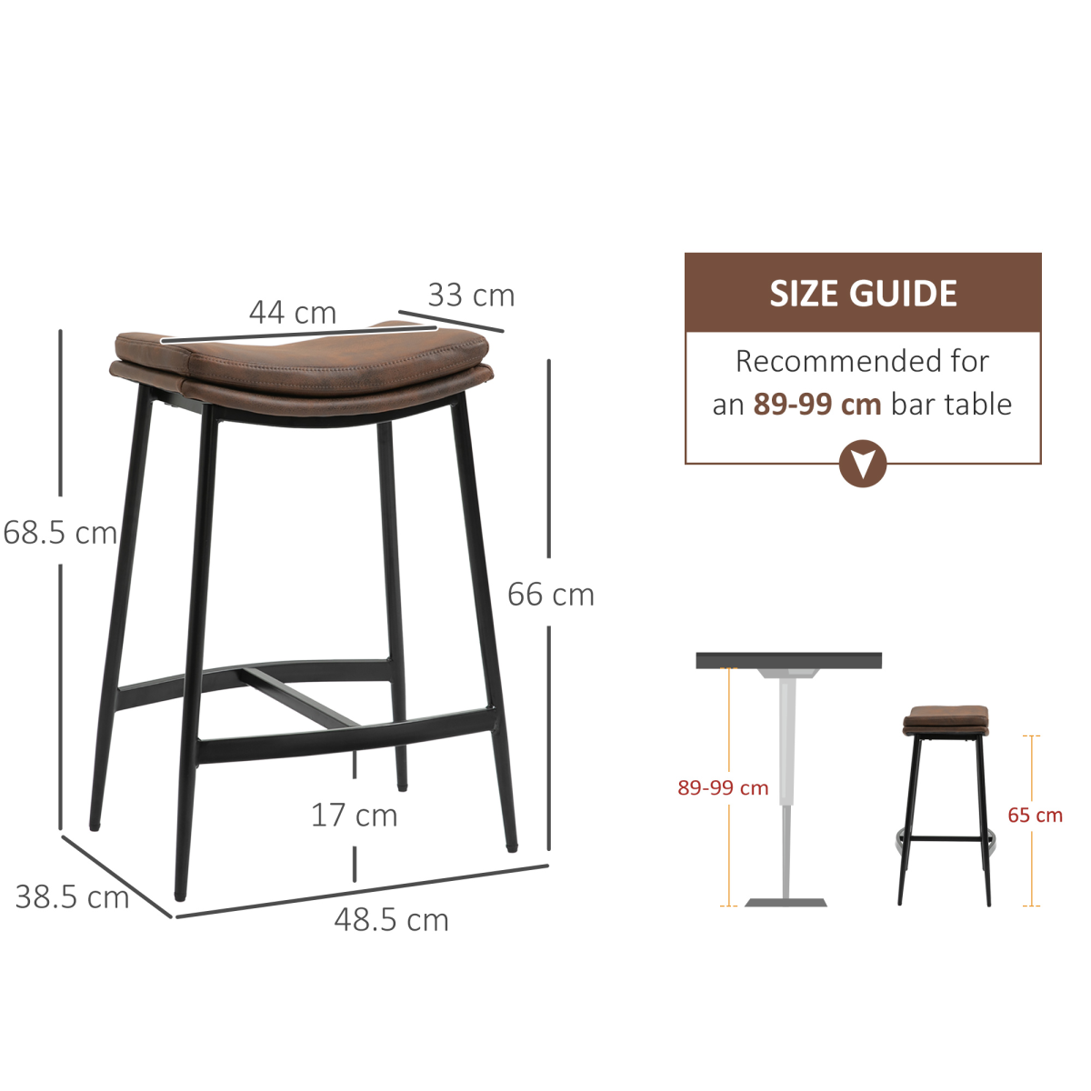 HOMCOM Breakfast Bar Stools Set of 2 Upholstered Barstools w/ Curved Seat Brown