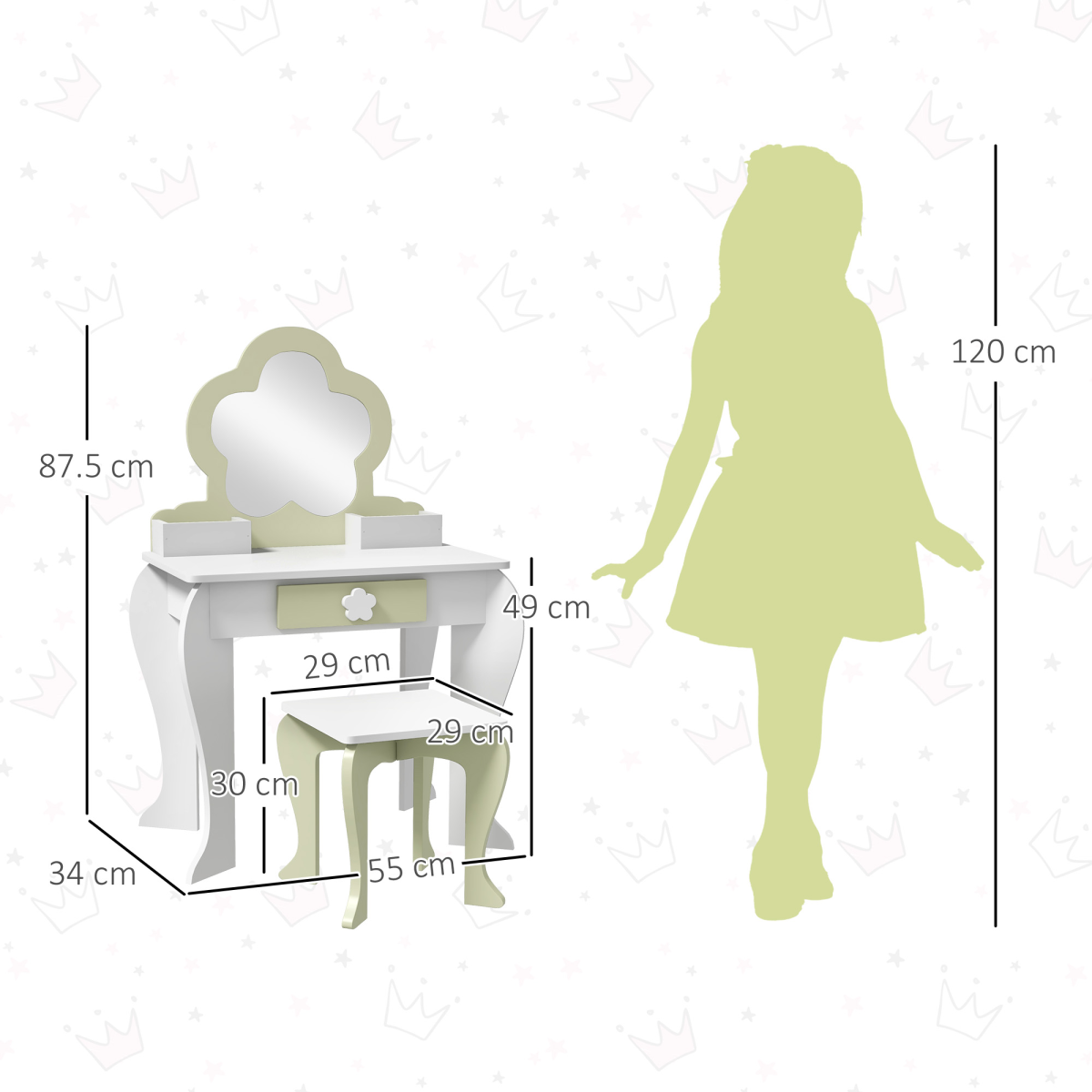 ZONEKIZ Kids Vanity Table Set, Beauty Flower Design, for Ages 3-6 Years - White