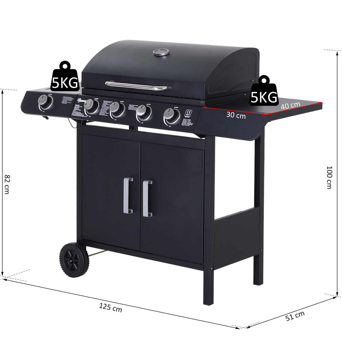 4 Gas BBQ Grill with Wheels, Steel-Black