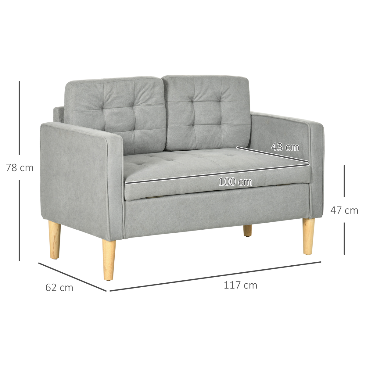 Modern 2 Seater Sofa with Storage Compact Loveseat Sofa for Living Room Grey