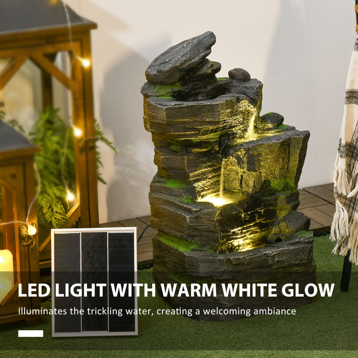 Outsunny Garden Fountain, Outdoor Water Feature With LED Light, Dark Grey