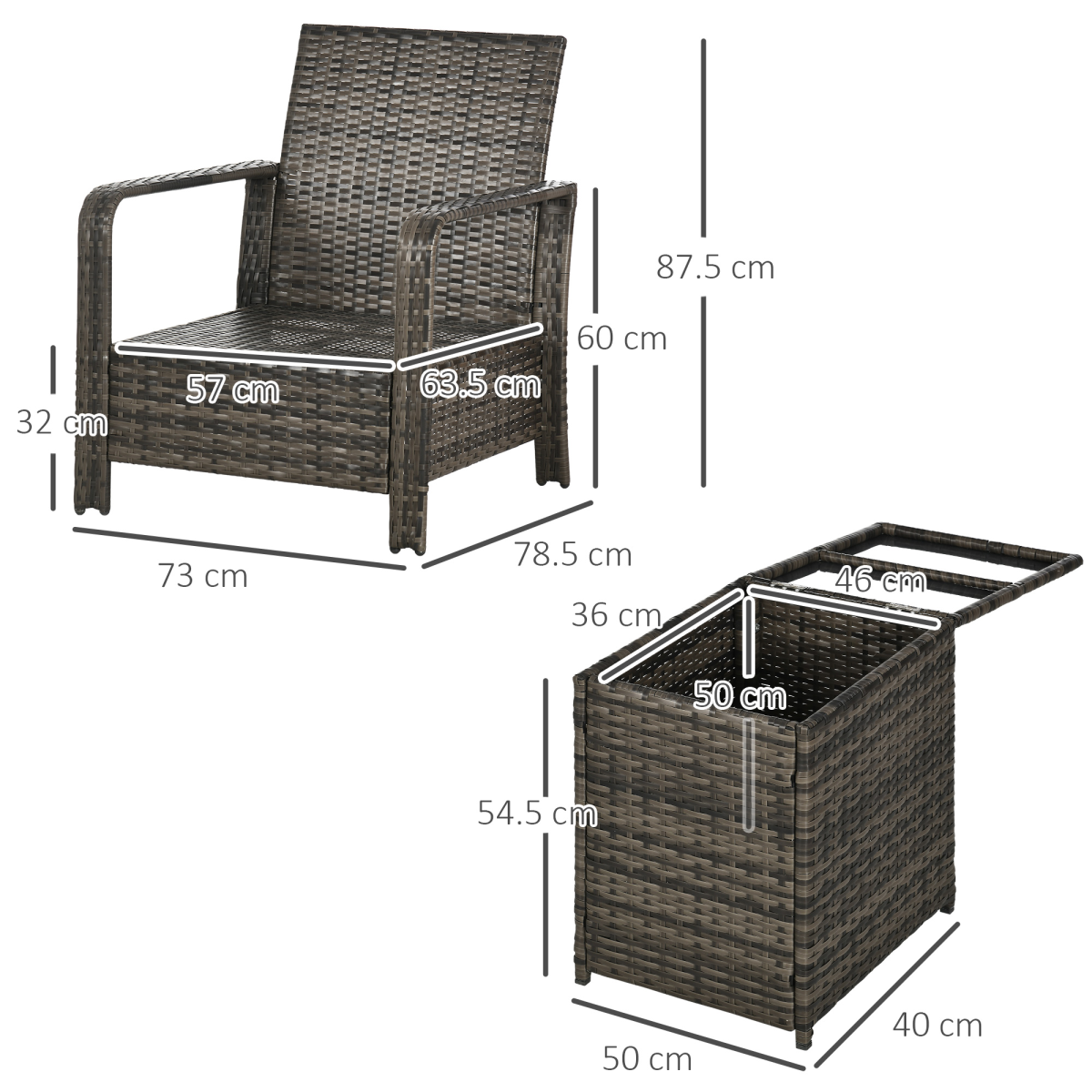 3 Piece PE Rattan Garden Sofa Set w/ 2 Chairs & Storage Table Grey Outsunny