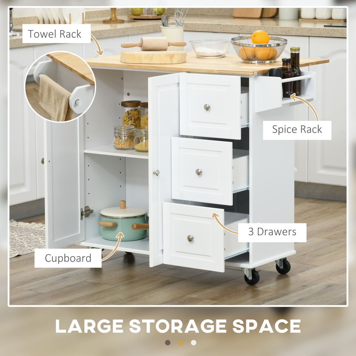 HOMCOM Kitchen Island on Wheels, Kitchen Cart with Drop Leaf, White