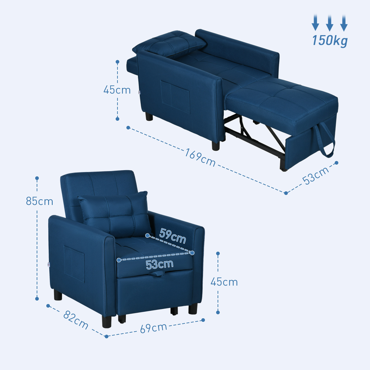 HOMCOM Pull Out Chair Bed, Sleeper Chair with Pillow, Side Pockets, Blue