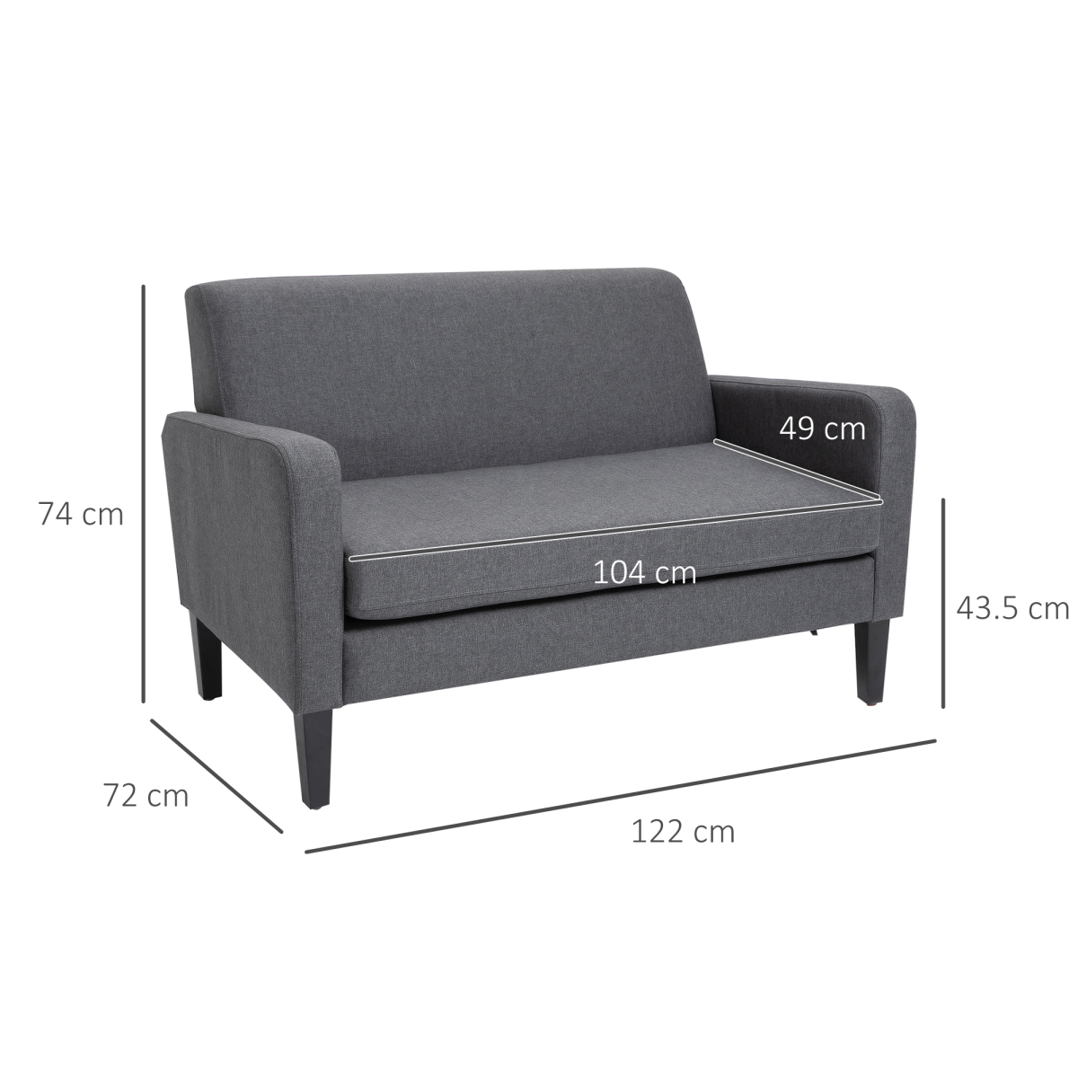 Linen Modern-Curved 2-Seat Sofa Loveseat w/ Thick Cushion Wood Legs Grey